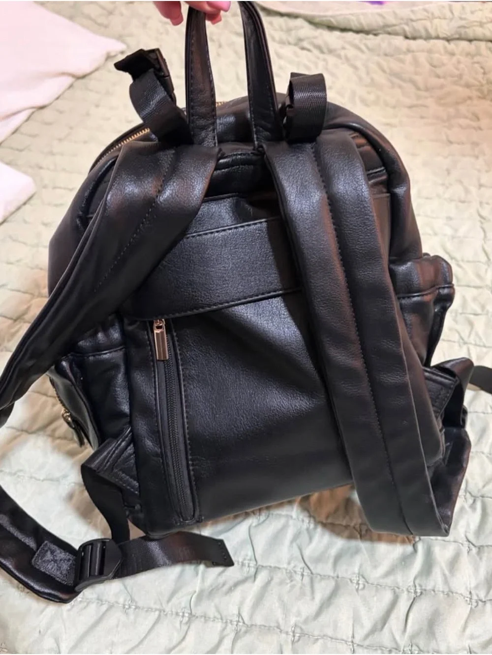 Miss Fong Black Leather Women’s diaper backpack with Gold Hardware
